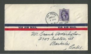 1932 Albino Entire W/3c Washington Head Pays 5c Airmail Rate From El Paso Tx---