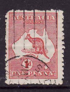 Australia-Sc#2- id7-used 1p carmine-Animals-Maps-Kangaroo-1913-rounded perf UL c