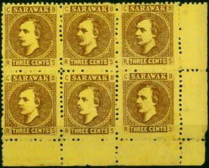 Sarawak 1871 3c Brown-Yellow SG2 Fine Unused Block of 6 (2)