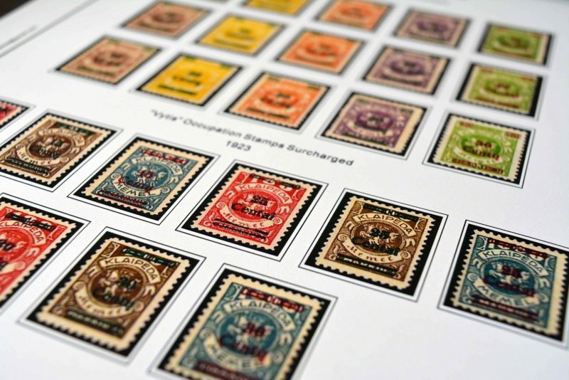 COLOR PRINTED MEMEL 1920-1923 STAMP ALBUM PAGES (14 illustrated pages)