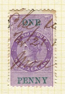 NEW ZEALAND; 1871 classic QV Stamp Duty issue used Shade 1d. P.10x12.5 Wmk. NZ