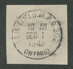 CANADIAN MILITARY POST OFFICE CANCEL BARRIEFIELD ONT. - M.P.O. 302