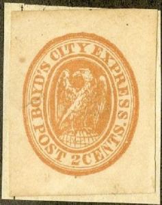 1856 2c Boyd's City Express Post, Dull Orange Scott 2OL13