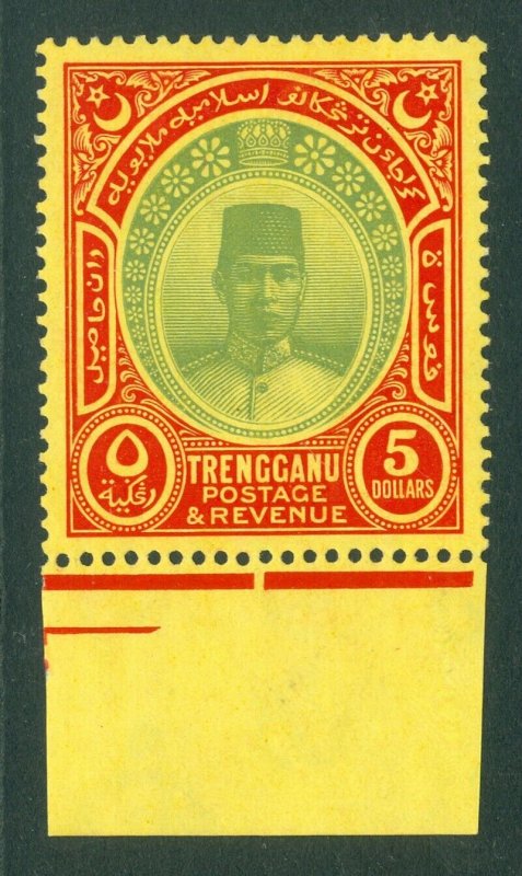 SG 44 Malaysia Trengganu 1921-41. $5 green & red, watermark script. A fine...