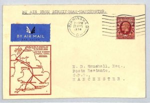 GB KGV Air Mail Cover FIRST FLIGHT Birmingham-Manchester 1934 {samwells}XZ209