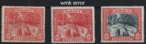 Jamaica 1901 Falls CC wmk sideways 1d red, ditto crown to left. 1d black & red