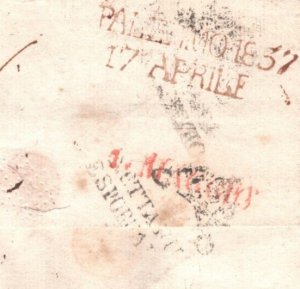 Italy SICILY Cover Palermo *DISINFECTED MAIL* Papal Keys Cachet 1837 Genoa MA965