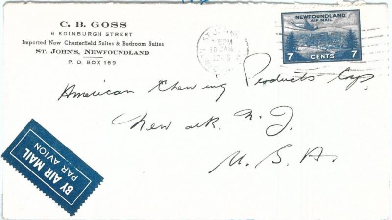 72395 -  NEWFOUNDLAND - POSTAL HISTORY:  AIRMAIL Cover to USA 1945