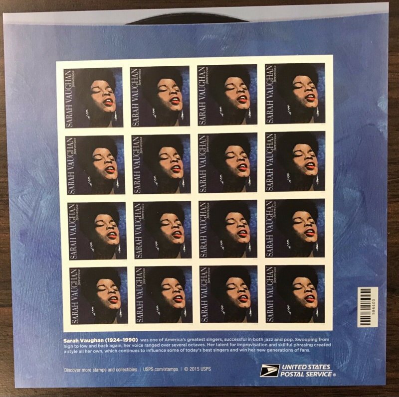 5059   Sarah Vaughan  Music Icon   MNH Forever sheet of 16.   FV $8.80   In 2016