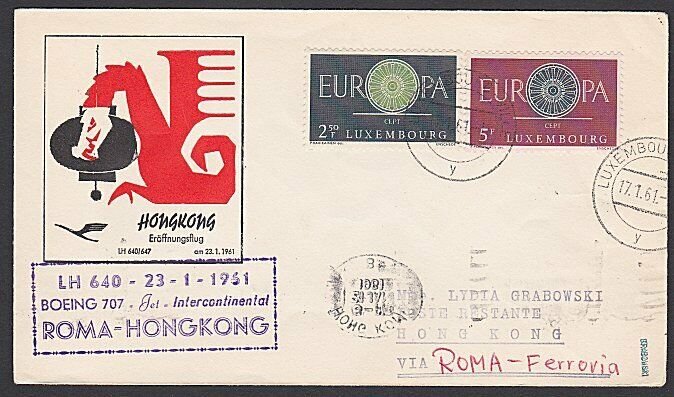 LUXEMBOURG 1961 Lufthansa first flight cover to Hong Kong via Rome..........F967