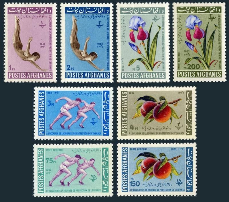 Afghanistan 604-608,C23-C25a,MNH.Michel 673-680,Bl.29. Runner,Diver,Peache,1962.