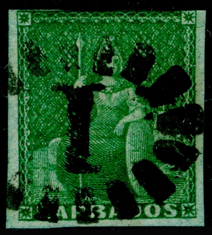 BARBADOS SG2, ½d Deep Green, FINE USED. Cat £325.