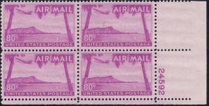 United States 1952 Airmail Diamond Head Honolulu, HI. Plate Number Block 4 VF/NH