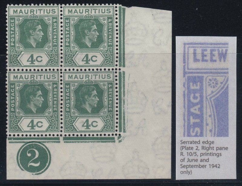 Mauritius, SG 254ca, 254cc, MNH plate block Serrated Edge, Open C variety