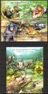 Togo 2011 Ecosystems of Congo River Fishes Birds Crocodiles Sheet + S/S MNH