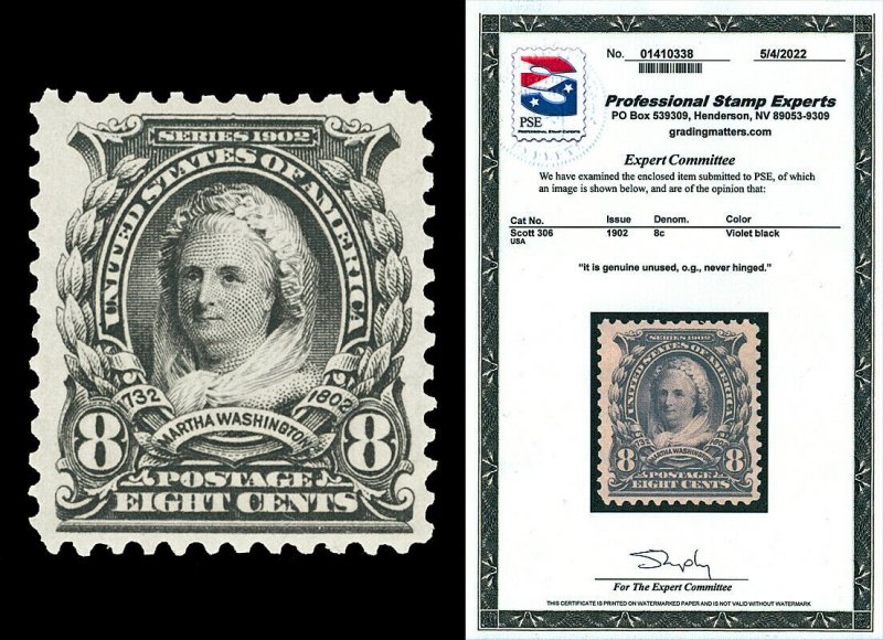 Scott 306 1902 8c Martha Washington Mint VF OG NH with PSE CERTIFICATE! 