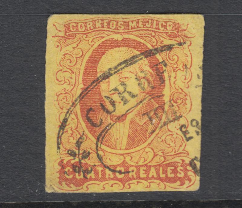 Mexico Sc 10b used. 1861 4r dull rose on yellow Hidalgo without overprint, sound