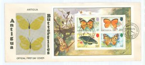 Antigua 393a 1975 Butterflies (insects) souvenir sheet of four on an unaddressed first day cover.