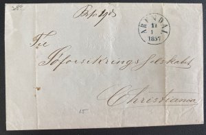 1857 Arendale Norway Stampless Letter sheet Cover To Christiana