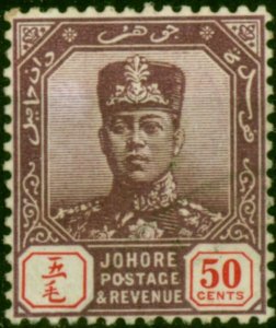 Johore 1919 50c Dull Purple & Red SG86 Fine Used Fiscal Cancel