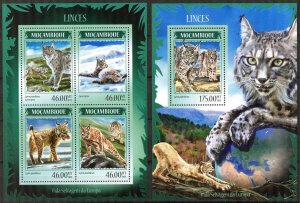 Mozambique 2014 Wild Cats Lynx Sheet + S/S MNH