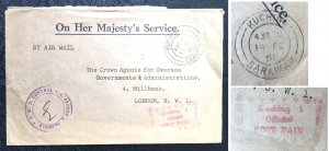 MALAYSIA OHMS Official Cover from KUCHING SARAWAK to LONDON, Red POST PAID chop