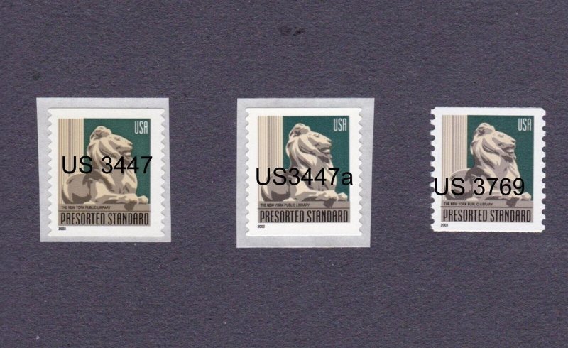 Singles 10c Lion US 3447, US 3447a, US 3769 Lot (3) MNH F-VF