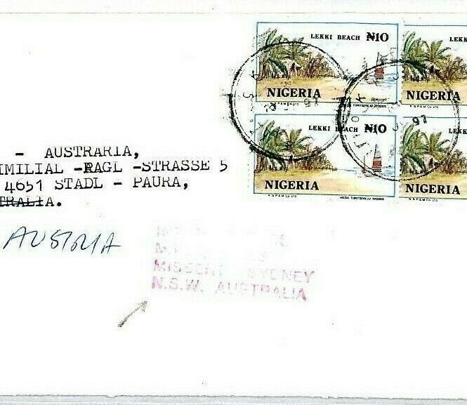 NIGERIA *Onitsha* Cover MIVA Austria *MISSENT TO AUSTRALIA* 1997 {samwells}CS300