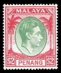 Malayan States - Penang #21 Cat$26, 1949 $2 rose red and emerald, lightly hinged