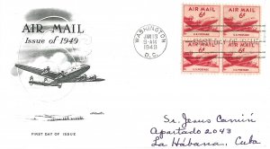 1949 Air Mail FDC, #C39, 6c DC-4, Artmaster, block of 4