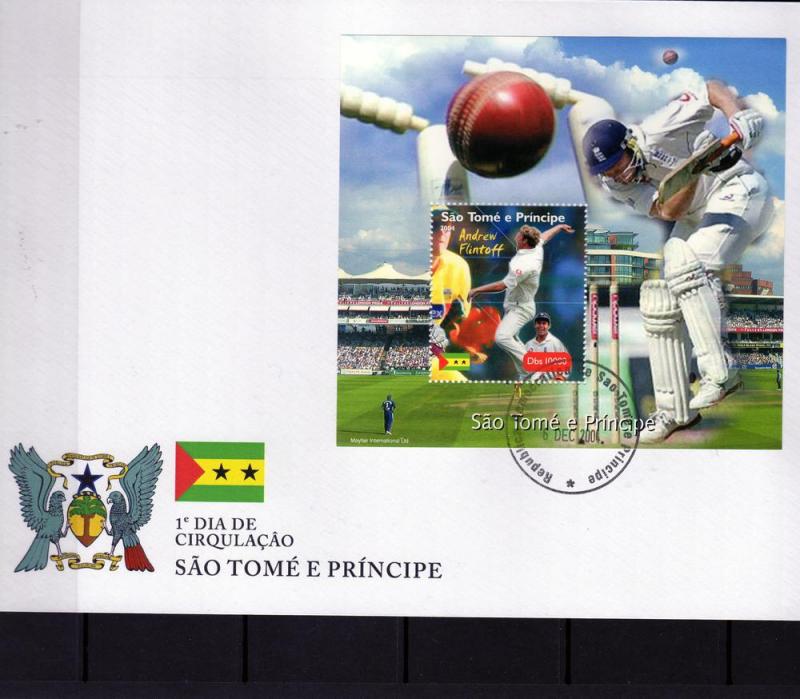St Thomas & Prince 2004 Cricket Andrew Flintoff SS Perf.FDC 