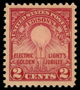 US Sc 654 VF/MNH - 1929 2¢ - Edison's First Lamp - Flate Press, Perf 11