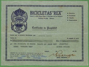 ZA1893 - HABANA - VINTAGE Certificate of Ownership of REX BICYCLE  1952