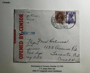 1942 Bimlipatam India Censored Cover To Toronto Canada