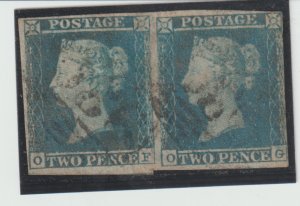 Great Britain Scott # 4 Used IMPERF PAIR SG-13 Fine CV. $275.00 Plate OF-OG 1841