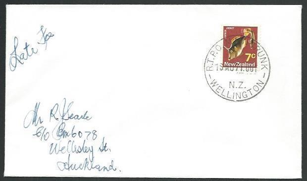 NEW ZEALAND 1971 7c fish on cover RTPO Main Trunk railway Wellington cds...66343