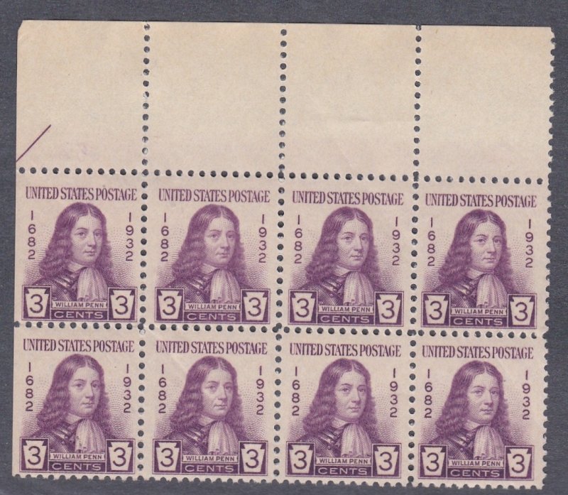 United States # 724, William Penn, Block of 8 Stamps, Mint NH, 1/2 Cat.