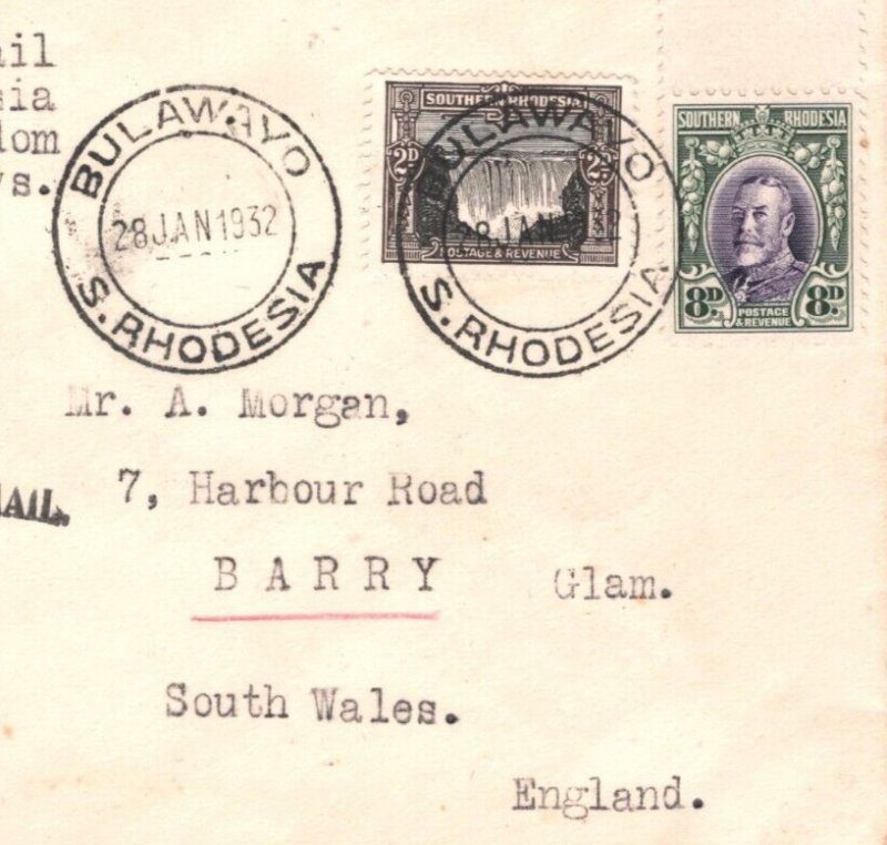 SOUTHERN RHODESIA Air Mail KGV 8d (Perf 11½) Cover FIRST FLIGHT 1932 Wales MA447