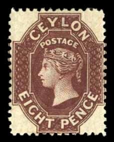 Ceylon #54b Cat$120, 1863 8p chocolate, hinged