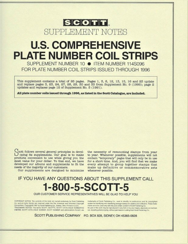 JASTAMPS: Scott U.S. Plate Number Coil Strips # 9 &10 Supplements