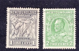 Newfoundland 1932 1c gray black Codfish & 2c green George V, Scott 184, 186 used