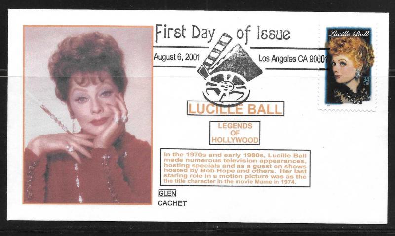 United States 3523 Lucille Ball Legends of Hollywood GLEN Cachet FDC (LB9)