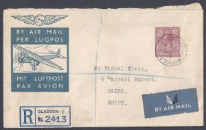 UK GB SCOTLAND EGYPT 1937 REGISTERED GLASGOW TO CAIRO SHARING CROSS GLASCOW CANC