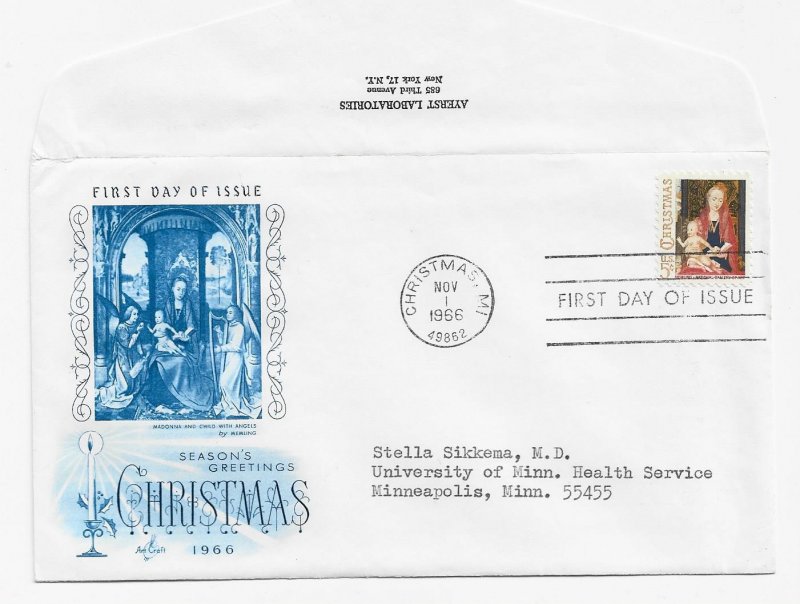 US 1321 (Me-3 Var) 5c Christmas Madonna & Child on FDC Artcraft Cachet ECV$18.00