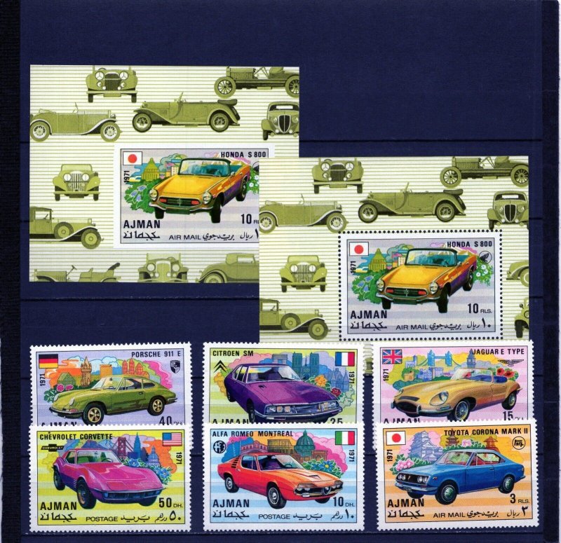 AJMAN 1971 OLD SPORT CARS SET OF 6 STAMPS PERF. & 2 S/S PERF. & IMPERF. MNH