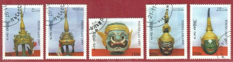 LAOS STAMPS SC# 1336-40  *CTO* 1997 HEAD PIECES AND MASK  SEE SCAN