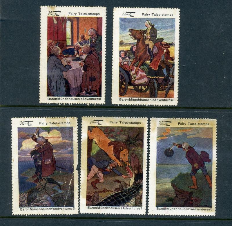 Wentz Baron Munchhausen Complete Set of 5 Large Cinderella POSTER STAMPS (Lot W4