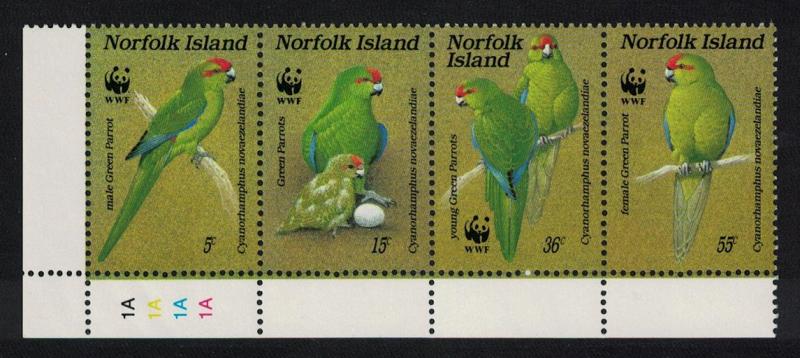 Norfolk Birds WWF Green Parrot Corner strip of 4v SG#425-428 SC#421 a-d