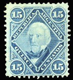 Argentina #19 Cat$100, 1867 15c blue, hinge remnant