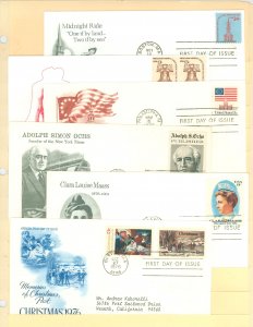 US 1603/1702 1975-76 6 different addressed FDCs with artmaster & artcraft cachets; definitives, Adolph Ochs, Clara Maass & Chris